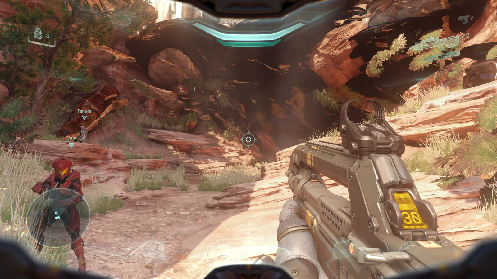 Two-player campaign co-op on Enemy Lines, with Fireteam Osiris squadmates Tanaka and Vale in a red-rock canyon