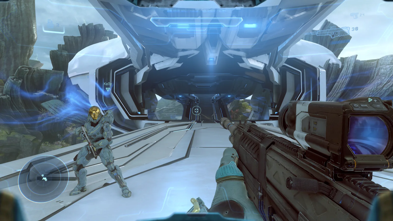 Co-op campaign capture with Blue Team member Kelly alongside the player on a Forerunner bridge