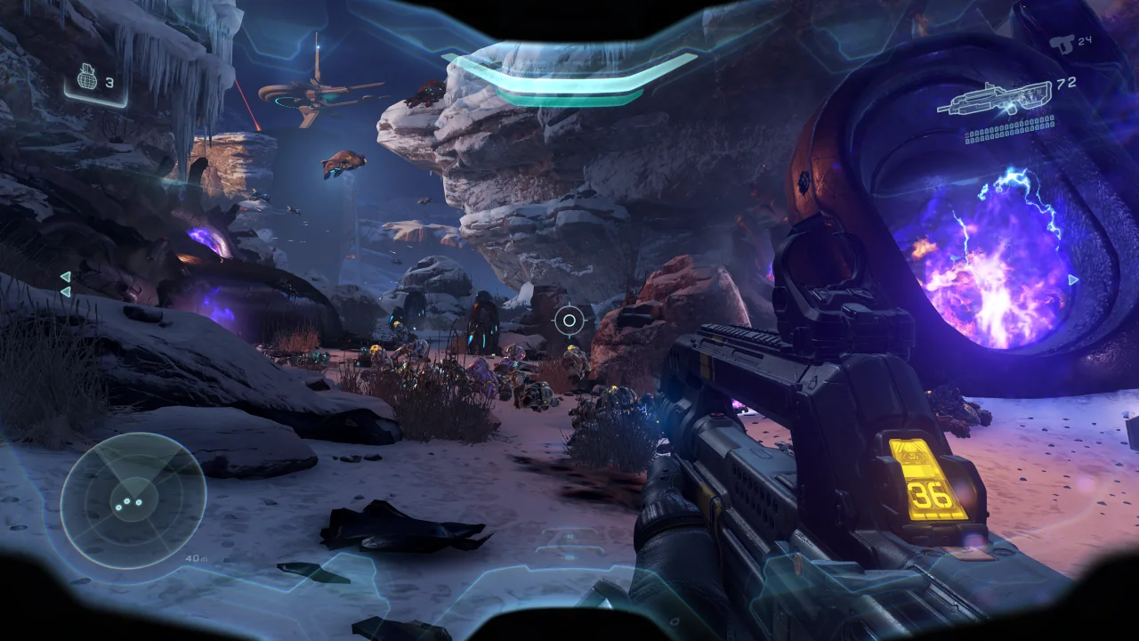 First-person Reforged capture of the Osiris mission on Legendary, with Covenant forces near a glowing portal
