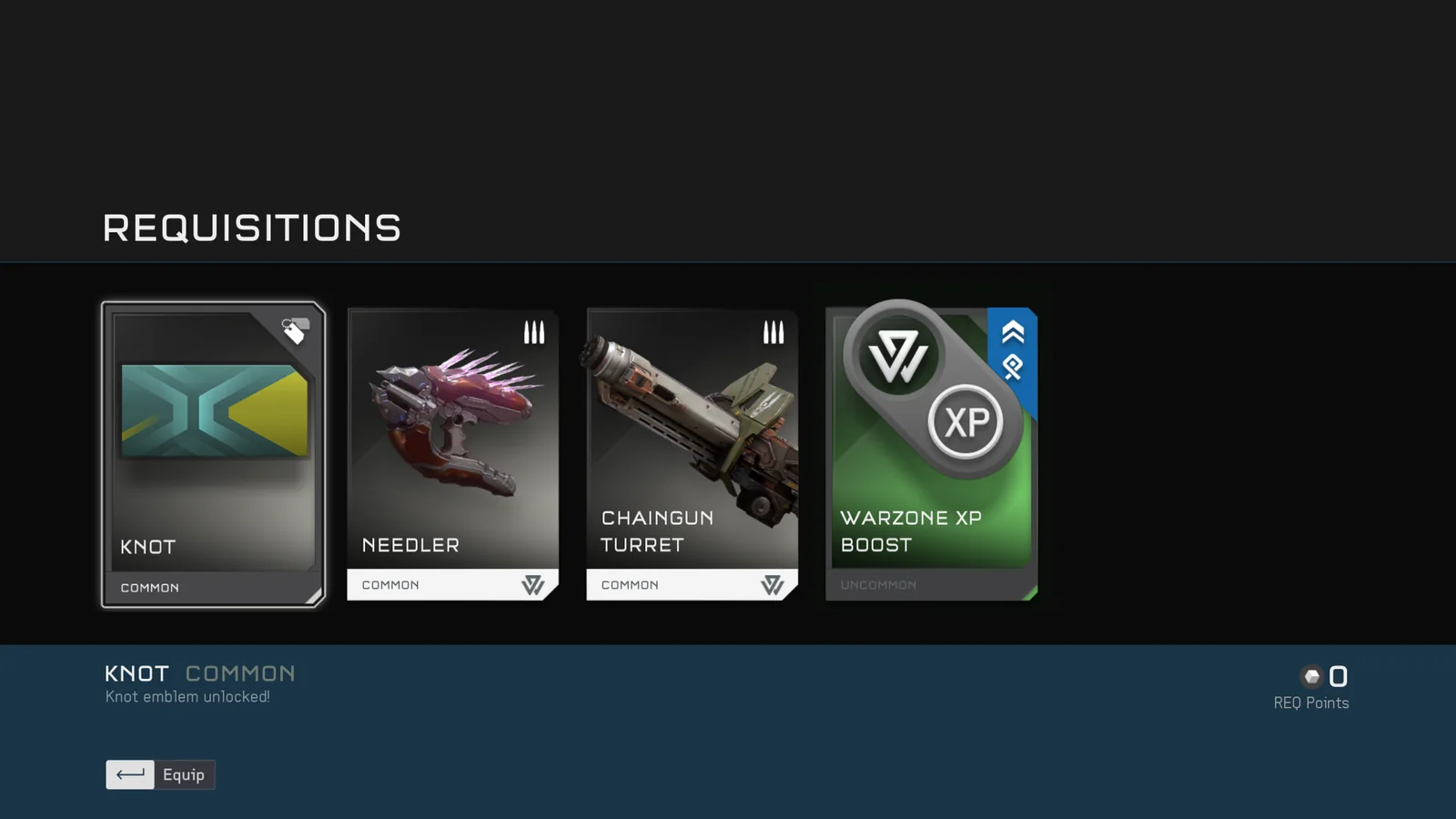 An opened REQ pack revealing an emblem, a Needler, a Chaingun Turret, and a Warzone XP Boost