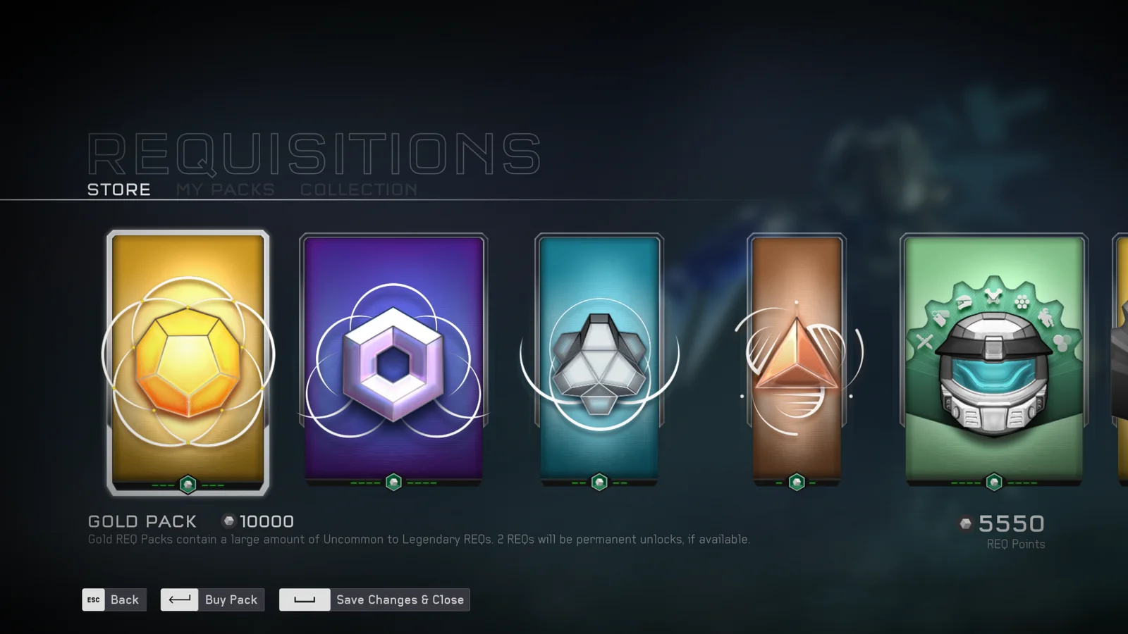 The Requisitions Store with Gold, Platinum, Silver, Bronze, and themed REQ packs, Gold selected at 10,000 REQ Points