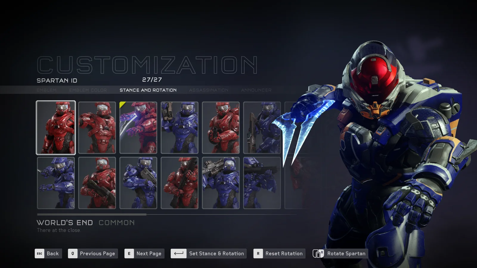 Spartan customization showing the stance grid beside a posed Spartan with an energy sword