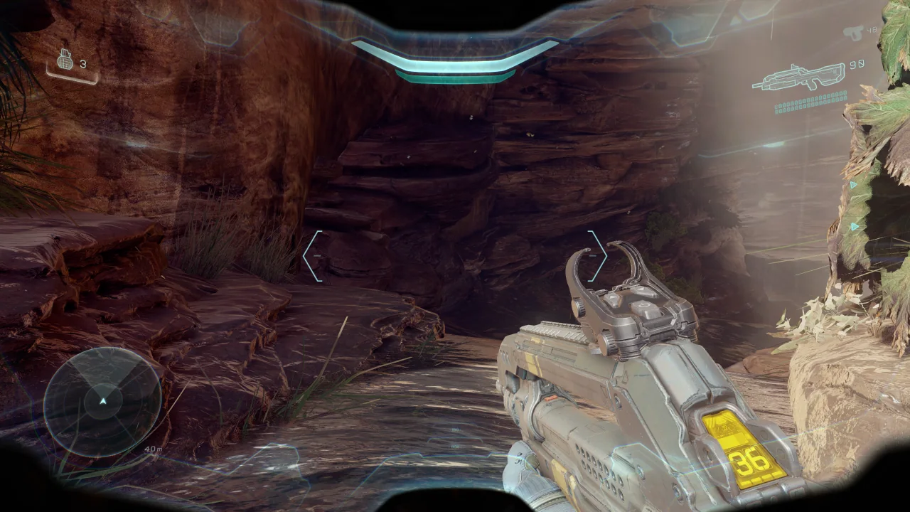 First-person view in a Sanghelios canyon during Swords of Sanghelios